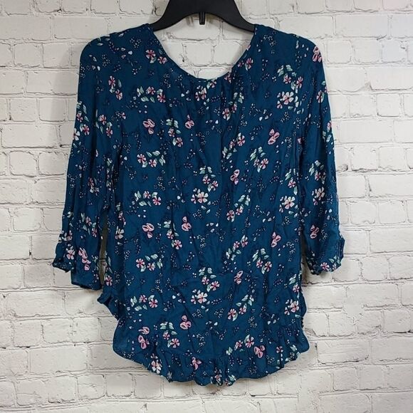 Gap Women's XS Teal Floral Ruffle Peasant Top Lightweight Frilly Blouse Shirt - Picture 8 of 8